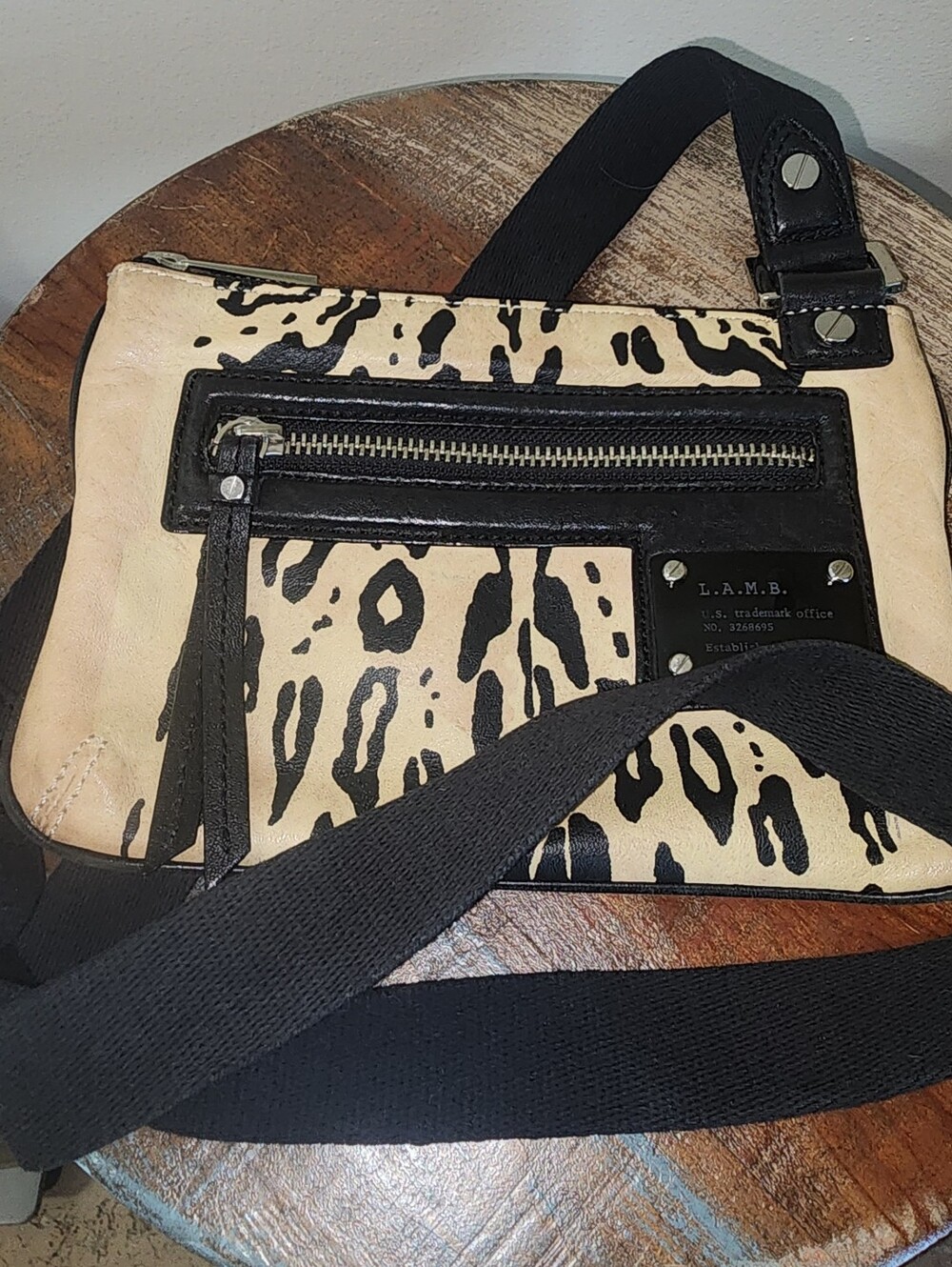 L.A.M.B. Black & Beige Leopard Leather Belt Bag Crossbody Purse